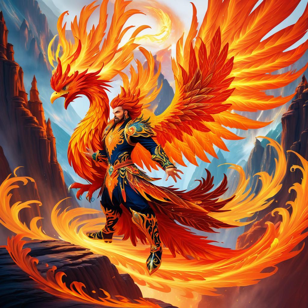 Adventurer and Phoenix in Fiery Realm