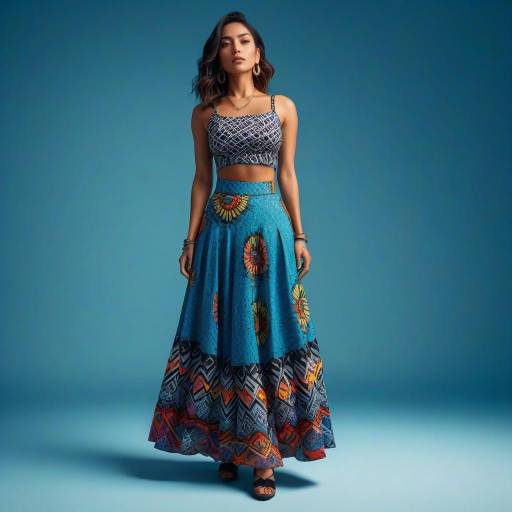 Woman in Colorful Bohemian Maxi Skirt and Black Crop Top