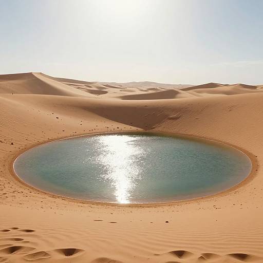 Photograph of a shimmering, circular oasis in a sunlit, sandy desert with rippled sand textures and clear blue water reflecting sunlight.