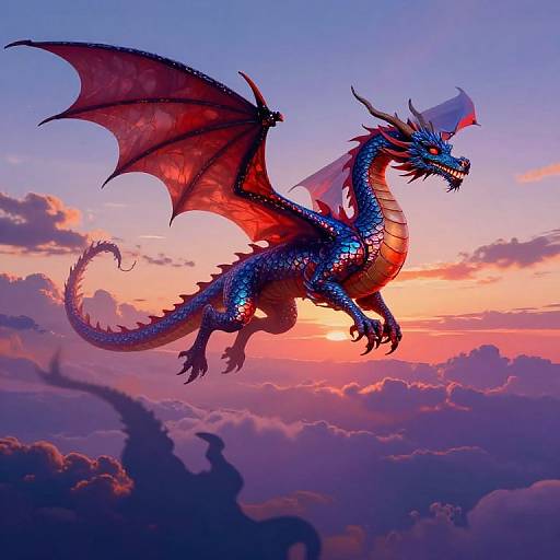 Vibrant digital illustration of a blue and red dragon with translucent wings soaring through a colorful, sunset sky filled with clouds.