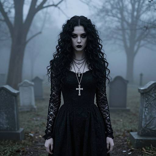Eerie Gothic Woman in Foggy Cemetery
