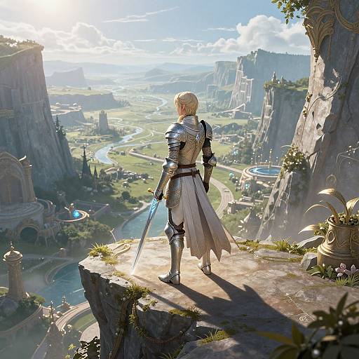 Digital fantasy artwork of a blonde, armored knight with a sword, standing on a cliff, overlooking a sprawling, sunlit, medieval cityscape with towering