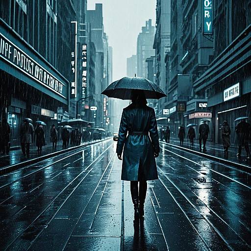 Noir Mystery Woman in Rain on Futuristic Boulevard
