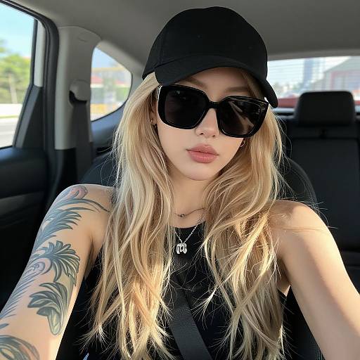 Photograph of a blonde woman with long hair, black cap, large sunglasses, black top, and tattooed arm, taking a selfie in a car