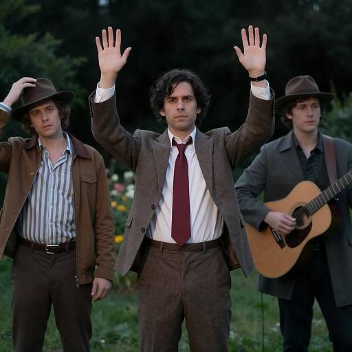 Three Men in Garden with Raised Hands and Guitar