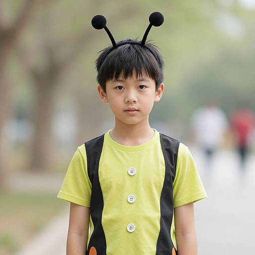 Photograph of an Asian boy with black hair, wearing a yellow shirt, black backpack, and black antennae headband, standing outdoors.