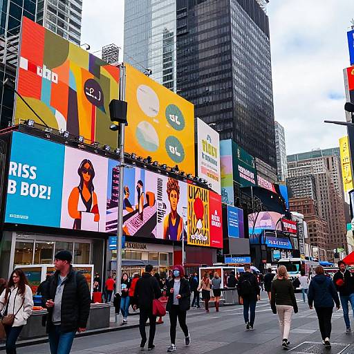 Photograph of a bustling city street with diverse pedestrians, colorful billboards, and tall skyscrapers, featuring vibrant advertisements and commercial signs.
