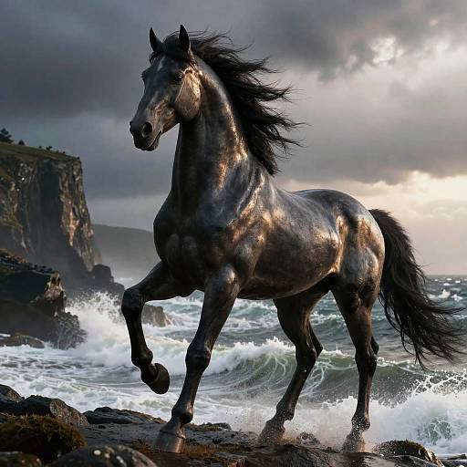 Mystical Raven-Horse on Stormy Cliffs