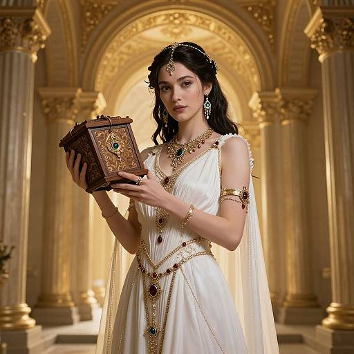 Fantasy Woman with Ornate Jewelry Holding Wooden Box