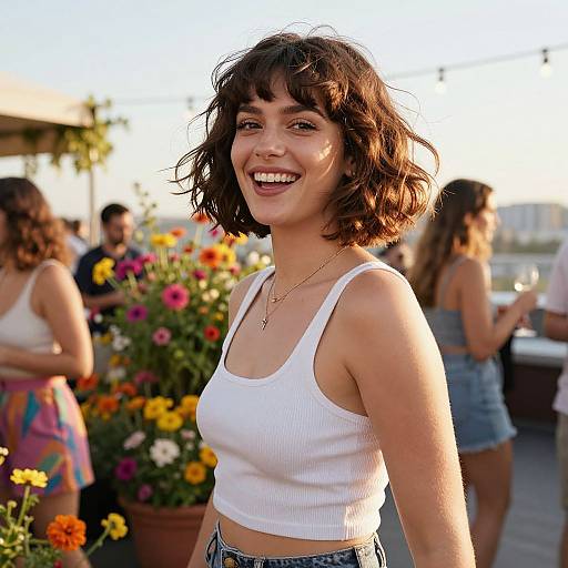 Joyful Woman with Bob at Rooftop Garden
