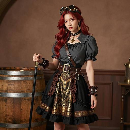 Asian Woman in Steampunk Outfit with Cane