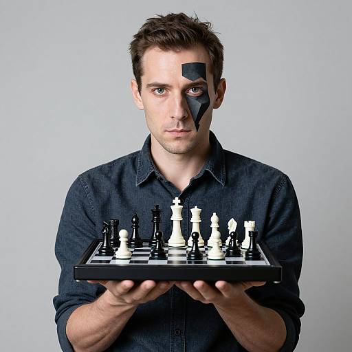 Surrealist Man Holding Chess Pieces