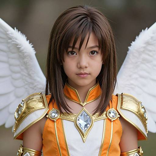 Photograph of an Asian girl with straight brown hair, angel wings, and golden armor, wearing an orange and white costume with diamond-shaped gemstones.