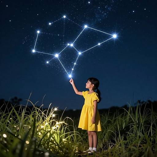 Photograph of a young girl in a yellow dress, pointing at a constellation in a dark night sky, standing in illuminated grass.