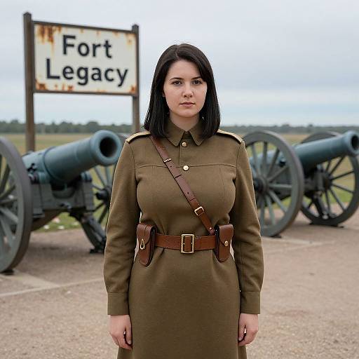 Photograph of a serious-looking woman with black hair in a brown military uniform, standing in front of antique cannons and a 