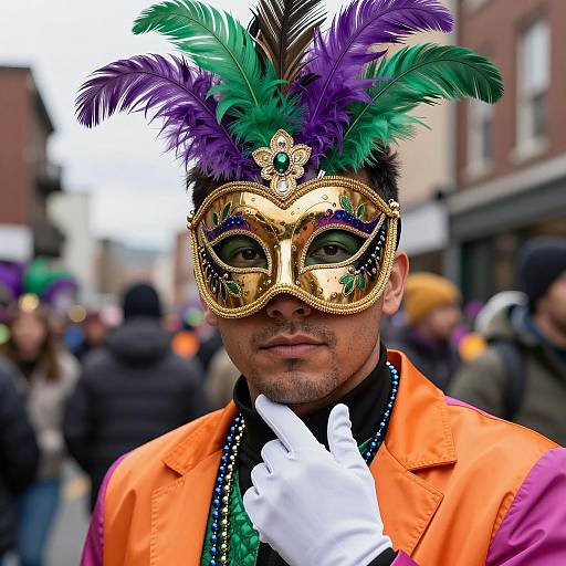 Man in Mardi Gras Festival Costume with Feathered Mask