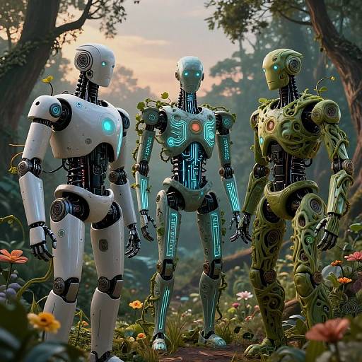 Photorealistic CGI of three humanoid robots in a vibrant forest: white, glowing blue, and moss-covered, standing among colorful flowers at sunset.