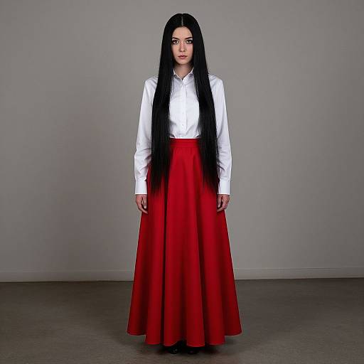 Photograph of a pale-skinned woman with long black hair, wearing a white shirt and red high-waisted skirt, standing against a plain gray
