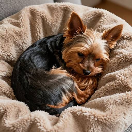 Serene Yorkie Pinscher Mix on Blanket