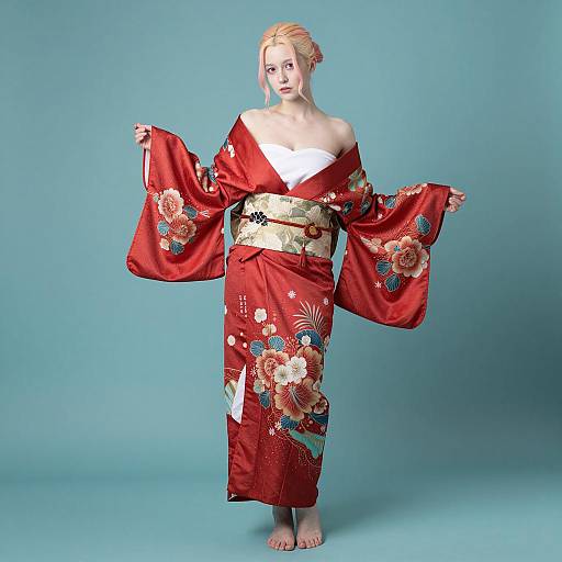Young Woman in Red Floral Kimono