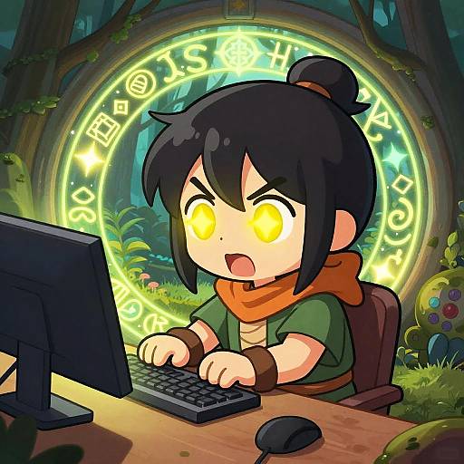 Chibi Anime Wizard at Computer Desk