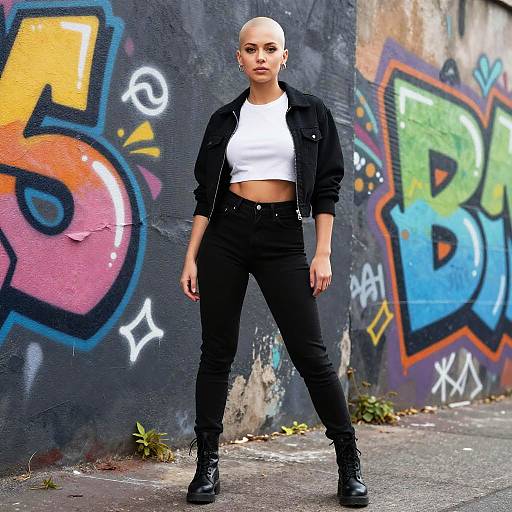 Photograph of a bald, light-skinned woman in a white crop top, black jacket, and jeans, standing confidently in front of vibrant graffiti-covered