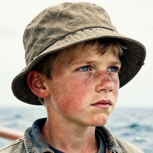 Photograph of a young Caucasian boy with freckles, blue eyes, and short brown hair, wearing a camouflage bucket hat and jacket, gazing