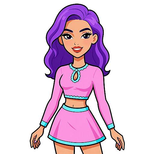 Colorful digital illustration of a smiling woman with purple hair, wearing a pink crop top and skirt with blue accents.