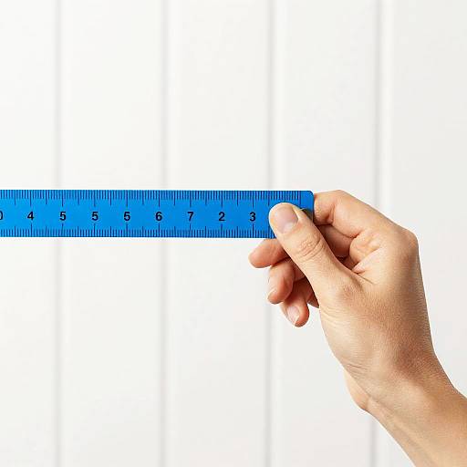 Photograph of a light-skinned hand holding a blue ruler with black markings against a white background.