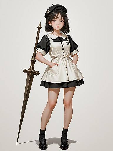 Anime-style digital illustration of a young woman in a black and white maid outfit, holding a long sword, standing confidently.