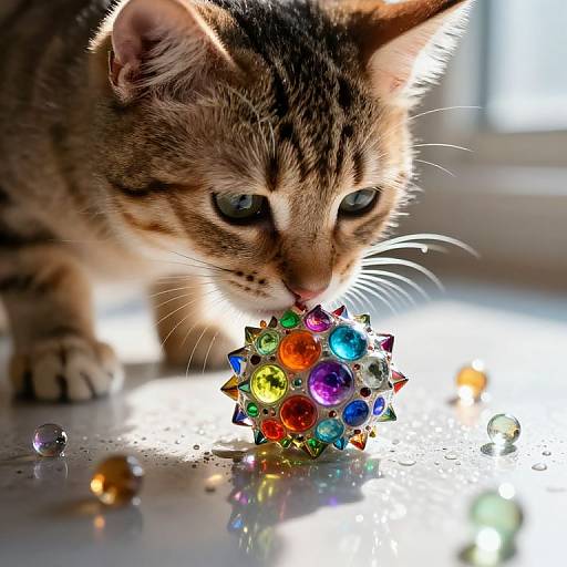 Close-up photograph of a curious tabby kitten with green eyes, intently sniffing a colorful, multi-faceted crystal ball toy on a reflective