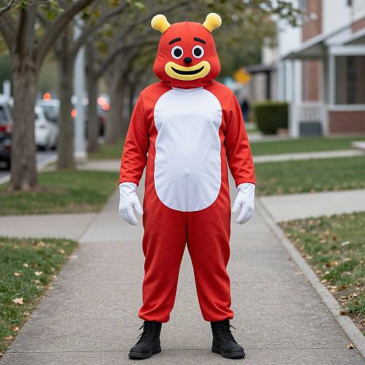 Photograph of a person in a red and white reindeer costume with yellow antlers, standing on a suburban sidewalk.