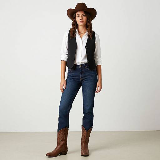Photograph of a young woman with long brown hair, wearing a brown cowboy hat, white shirt, black vest, blue jeans, and brown cowboy boots