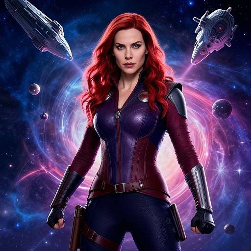 Digital artwork of a red-haired woman in a dark, form-fitting spacesuit with metallic arm guards, standing confidently against a cosmic background with two spaces