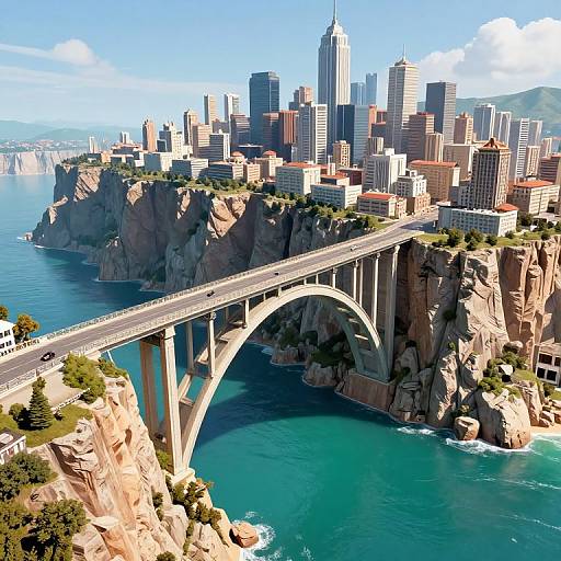 Aerial photograph of San Francisco's iconic Golden Gate Bridge spanning turquoise waters, with towering city skyscrapers and rocky cliffs in the background, under a