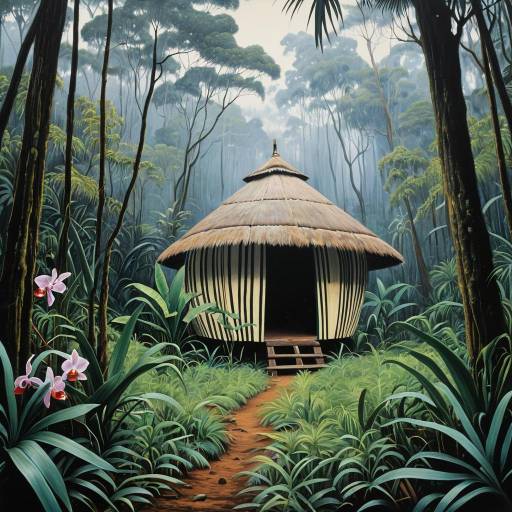 Aboriginal Hut in Misty Jungle Clearing