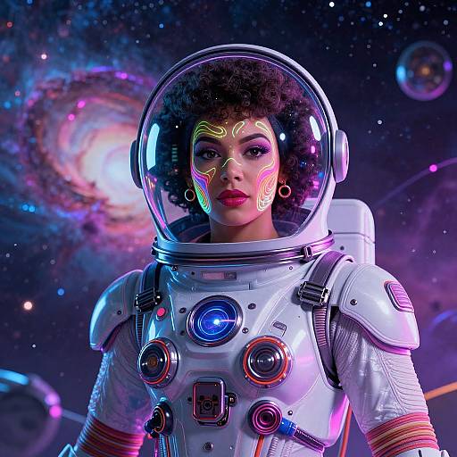 Digital artwork of a Black woman with afro in a colorful, neon-lit space suit, glowing face paint, and clear helmet, set against a
