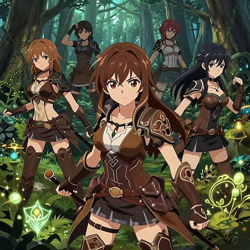 Digital anime-style drawing of four fierce female warriors with brown and black hair, wearing armored outfits, standing in a glowing forest.