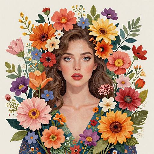 Digital illustration of a fair-skinned woman with wavy brown hair, surrounded by vibrant orange, red, pink, and yellow flowers, wearing a floral