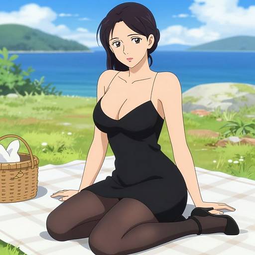 Anime-style digital drawing of a fair-skinned woman with black hair, wearing a black dress, sheer black stockings, and black heels, sitting on a