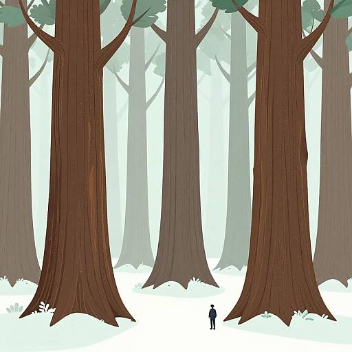Digital illustration of a serene forest with towering red-brown trees and a small, dark silhouette of a person standing among snow-covered ground.