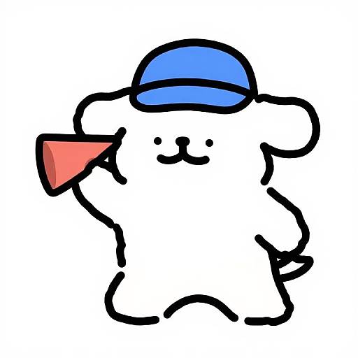 Cute, cartoon-style drawing of a white bear with a blue cap, pink triangular nose, and black outline, smiling with simple black dots for eyes