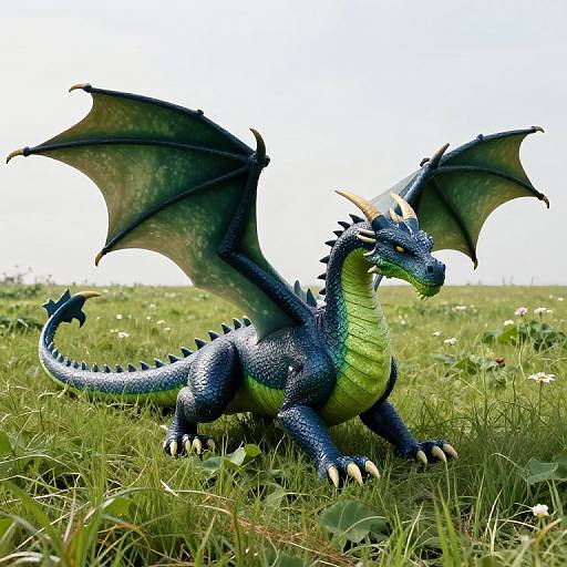 Photograph of a detailed, blue and green dragon with large wings, sharp claws, and yellow horns, standing in a grassy field.