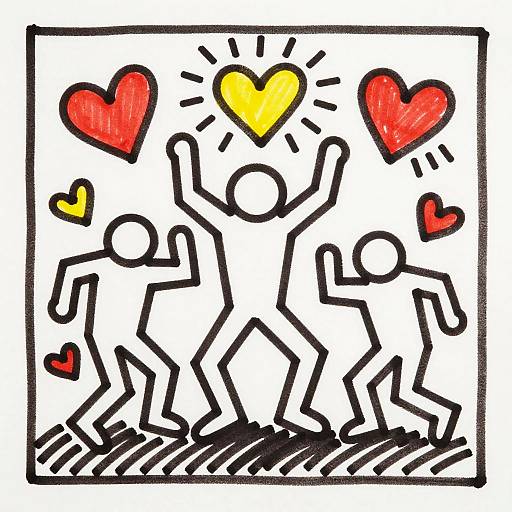Colorful drawing of three stick figures with raised arms, surrounded by red and yellow hearts, inside a square frame.