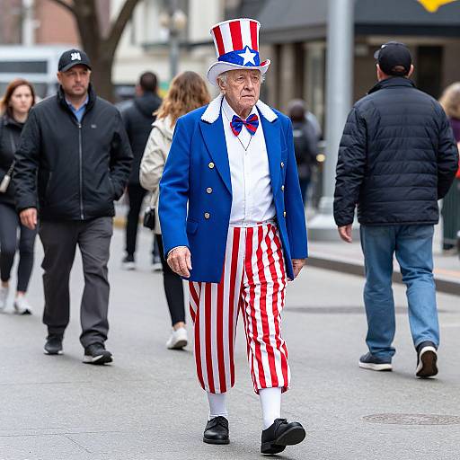 Photograph: Elderly white man in blue jacket, white shirt, red-striped pants, top hat with stars, walking on city street, surrounded by