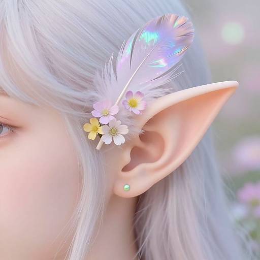 Close-up of a fair-skinned elf with silver hair, wearing a white feather, pink and yellow flowers in hair, green earring, and pointed