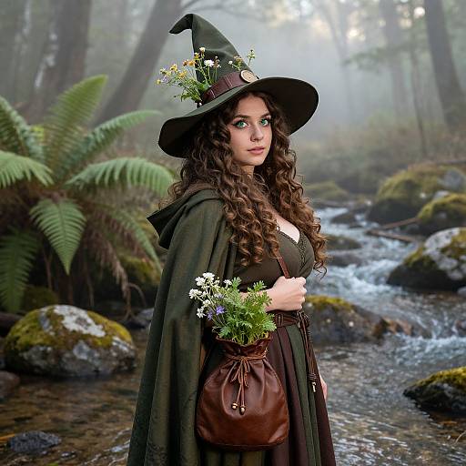 Nature Witch in Misty Forest Dawn