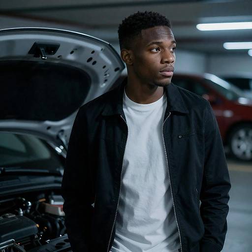 Young Man Standing by Car with Open Hood