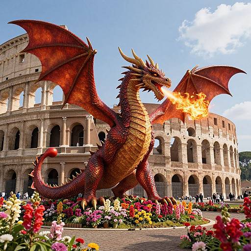 Photograph of a massive red dragon with fiery breath, standing in front of the Colosseum, surrounded by vibrant flowers and people. Bright blue