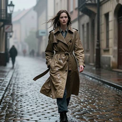 Photograph of a young woman with wet brown hair, wearing a beige trench coat and blue jeans, walking on a wet, cobblestone street in